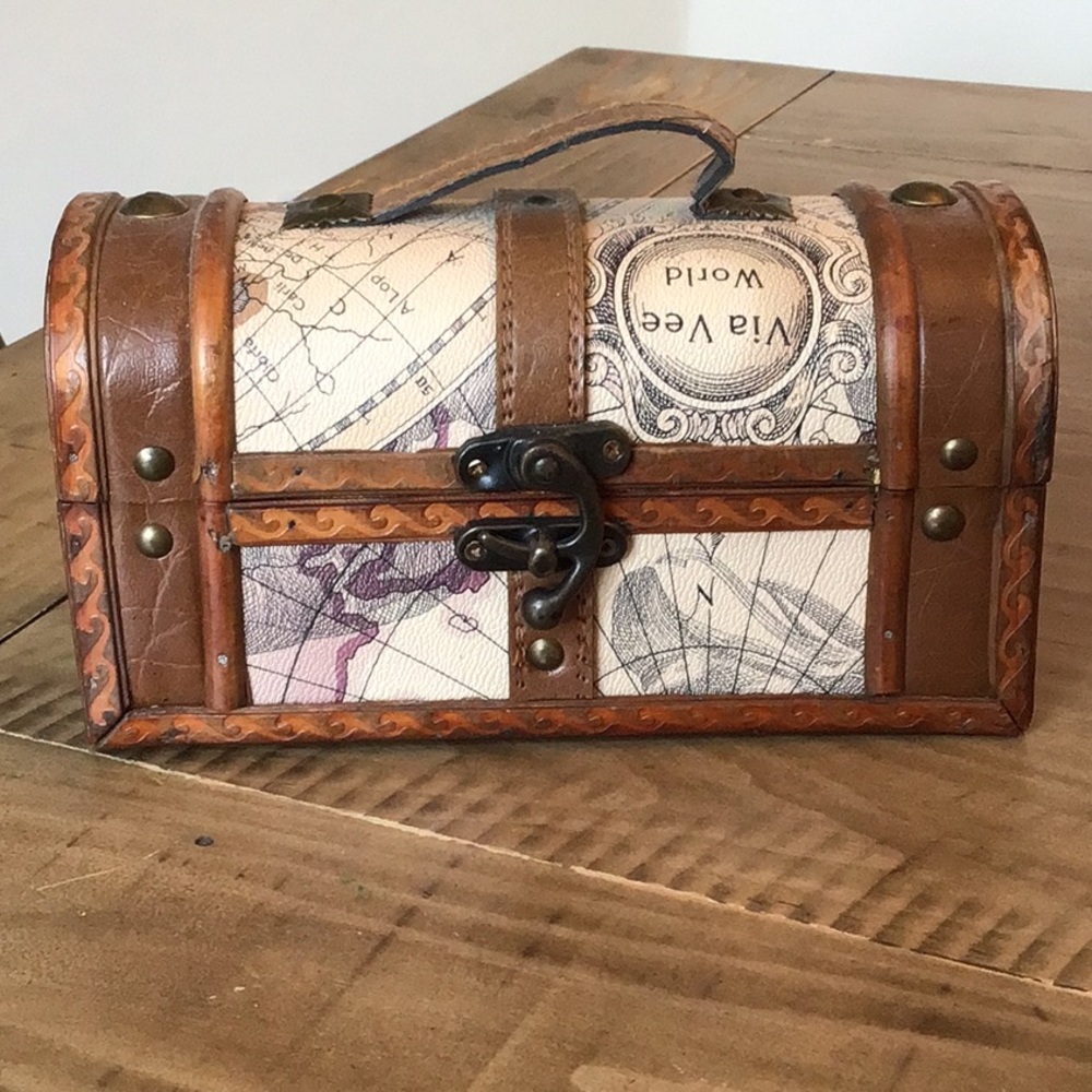 Vintage treasure chest wood and leather box with world map theme.